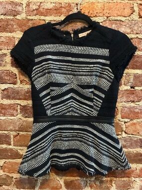 Rebecca Taylor Black & White Striped Peplum Top
